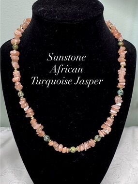 18” Sunstone and African Turquoise Jasper Gemstone Chip Necklace - Handcrafted